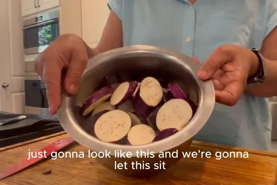 Bowl of salted Japanese eggplant slices
