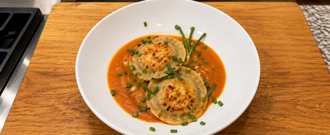 Crispy Edamame & Green Pea Ravioli Recipe with Silky Broth
