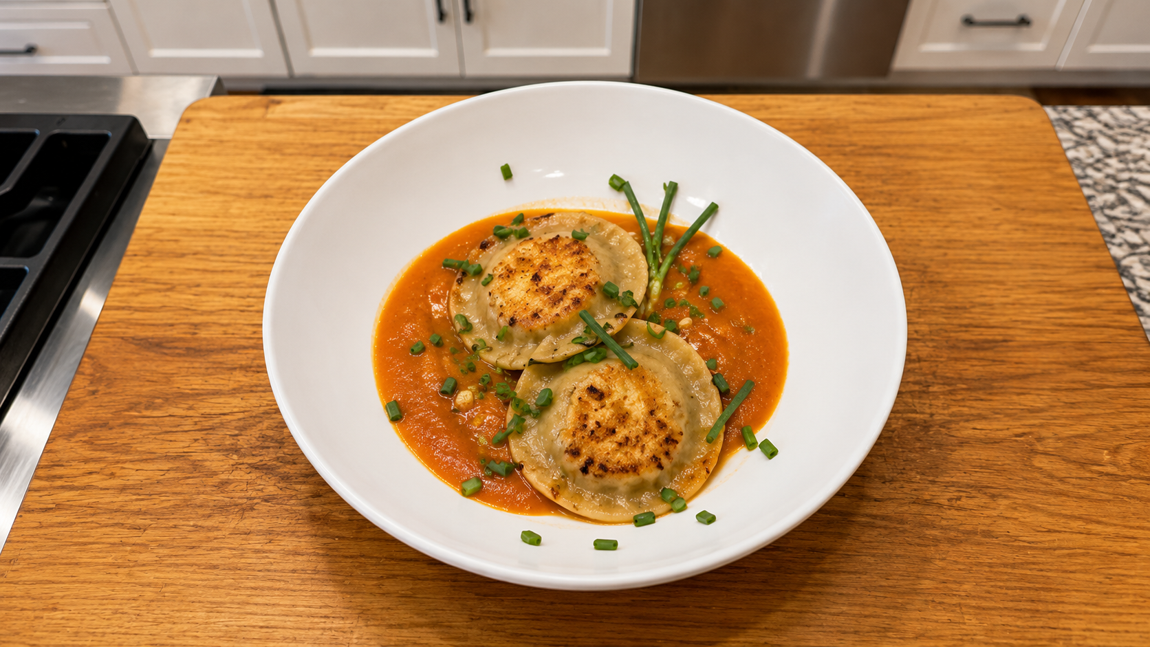 Crispy Edamame & Green Pea Ravioli Recipe with Silky Broth