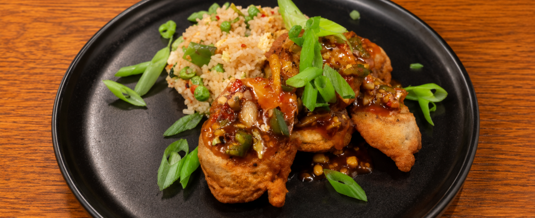 Crispy Garlicky Eggplant with Stir-Fried Pea & Tomato Rice Recipe