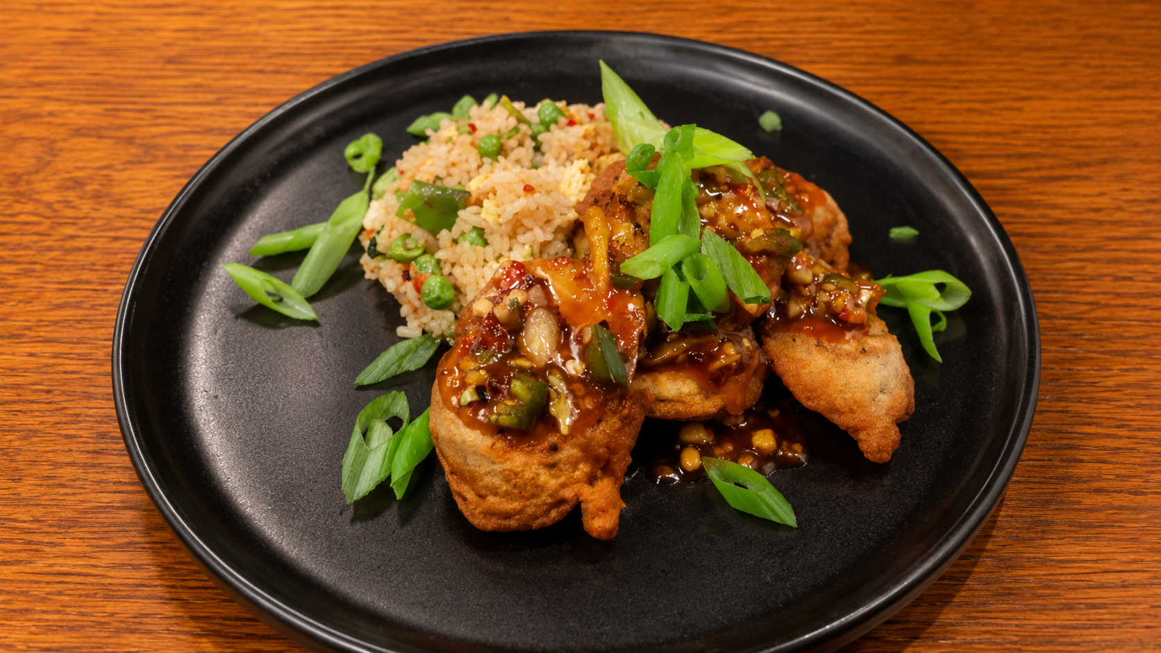 Crispy Garlicky Eggplant with Stir-Fried Pea & Tomato Rice Recipe