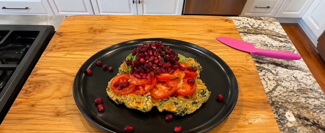 Crispy Lentil Waffles with Spinach, Green Chutney & Pomegranate