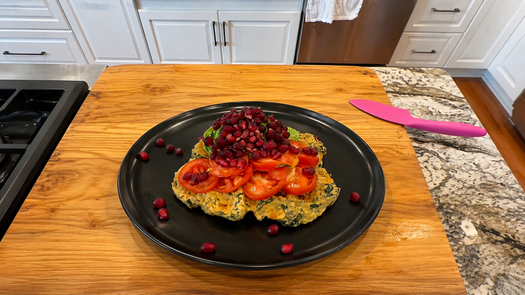 Crispy Lentil Waffles with Spinach, Green Chutney & Pomegranate