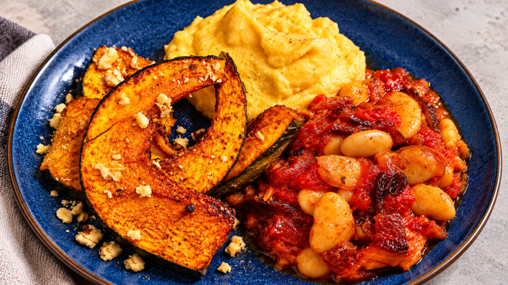 Cheesy Polenta with Air-Fried Kabocha Squash and Butter Beans