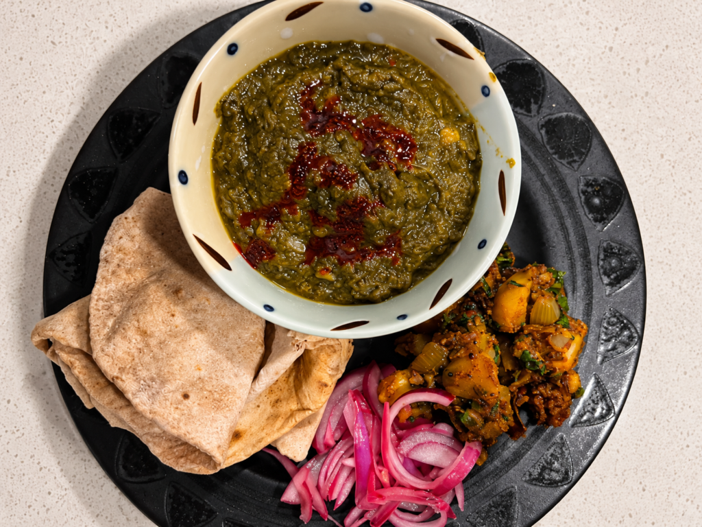Mixed Greens Saag Recipe with Mustard-Spiced Caramelized Onions